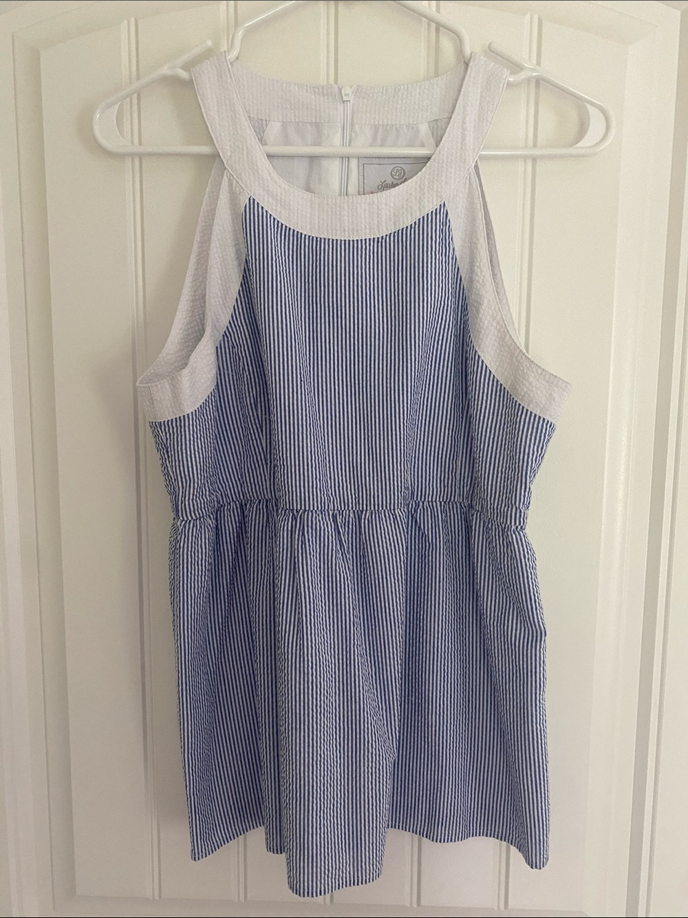 Lauren James White and Blue Striped Sleeveless Top